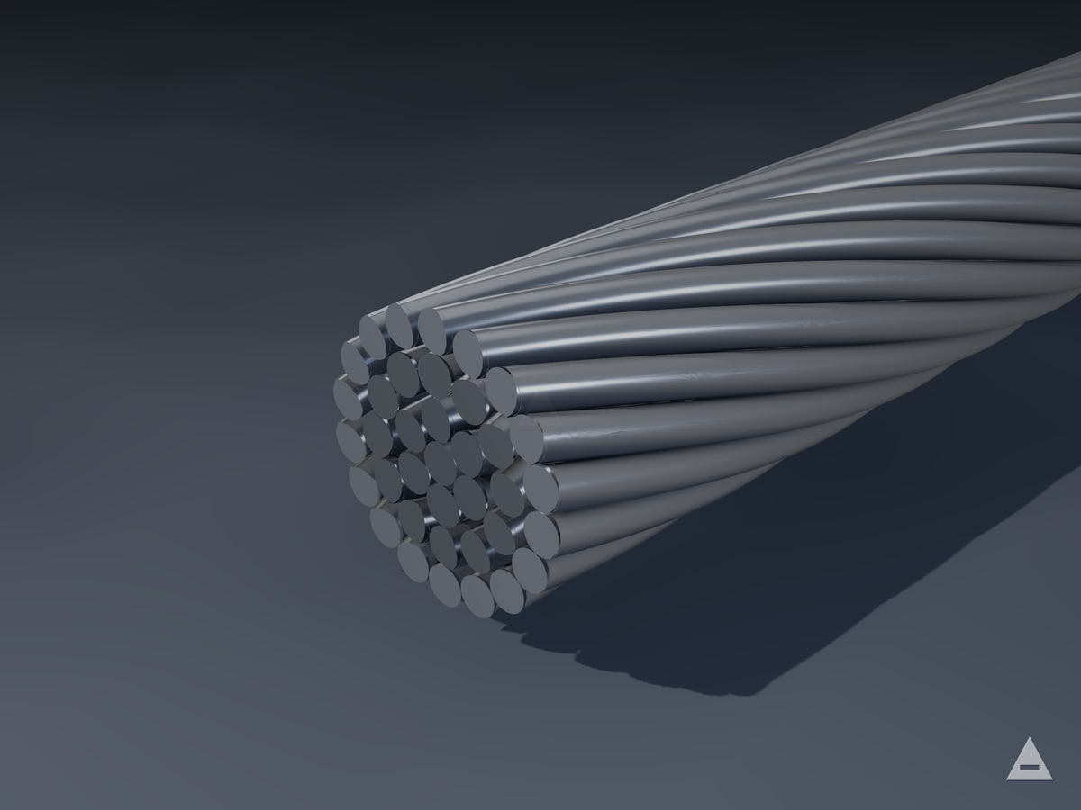 ACSR-AW — Aluminium-Clad-Steel Reinforced — gerçek büküm yapısından render edilmiş kesit