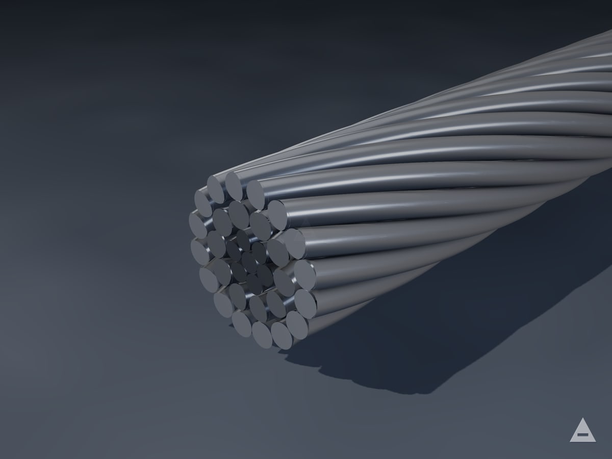 ACSR — Aluminium Conductor, Steel Reinforced — gerçek büküm yapısından render edilmiş kesit