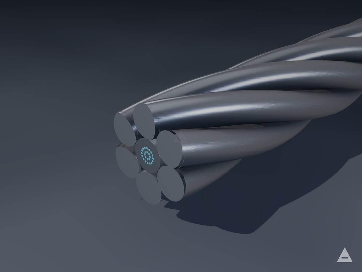 OPGW — Optical Ground Wire — gerçek büküm yapısından render edilmiş kesit